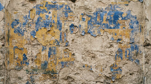 Peeling paint reveals weathered stone beneath. Blue and yellow fade across rough, textured surface. Cracks and patches tell story of time and neglect. Ideal for backgrounds, rustic themes