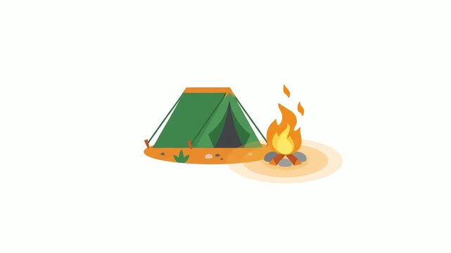 Camping illustration featuring a green tent pitched beside a warm campfire on white background with copy space available for design and creative projects.