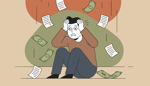 Overwhelmed stressed man sits on the floor holding his head as tax documents and money bills fall all around him.