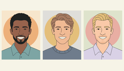 Fototapeta premium Set of three diverse male headshot avatars in circle frames featuring smiling men with different hair colors.