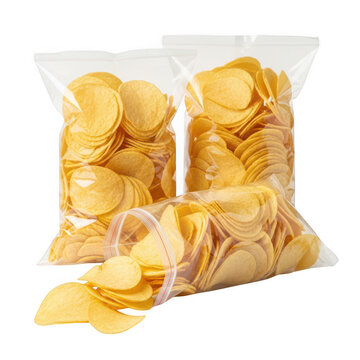 Crispy potato chips in clear plastic snack bags isolated on transparent background for food advertising concepts