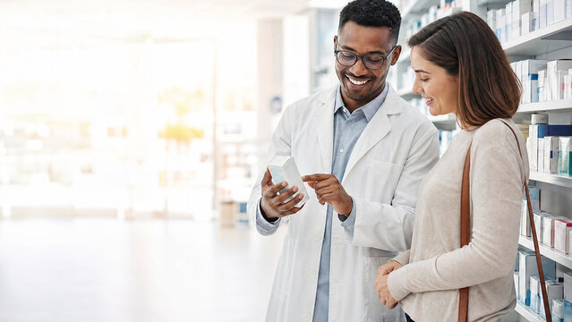 Professional Pharmacist Explaining Medication Details To Female Customer In Modern Drugstore, Healthcare Consultation Scene, White Coated Staff Member Holding Pill Bottle