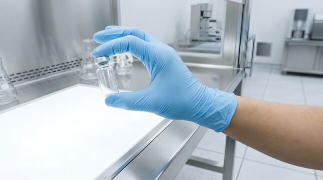Gloved hand holding glass beaker with white powder in clean laboratory