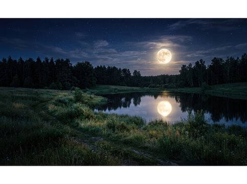 Full moon shining over a dark calm lake at night with forest silhouette