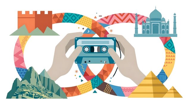 Hands holding retro audio cassette tape with colorful ribbon connected to world landmarks Eiffel Tower Borobudur Pyramids concept vector illustration