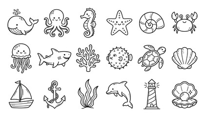 Obraz premium Cute hand drawn ocean elements set with marine animals and nautical icons vector illustration