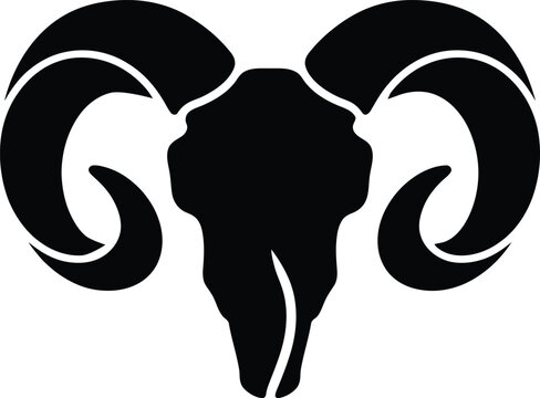 Minimalist black silhouette of a ram head with curved horns