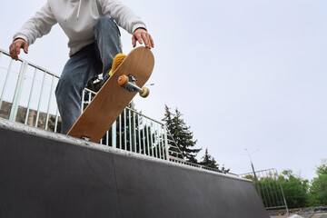 Young man with skateboard at skatepark © Pixel-Shot