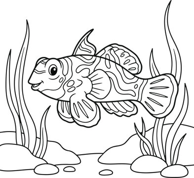 Coloring page with a cute mandarin fish swimming among seaweed and rocks