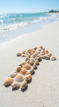 Seashells arranged in an arrow shape on a sandy beach with ocean waves.