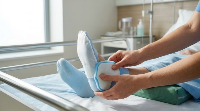Nurse applies heel protector to patient's foot in hospital bed, aiding recovery and preventing pressure sores.