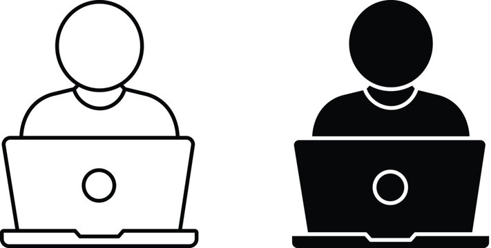 Person using a laptop computer icon set in outline and solid black styles