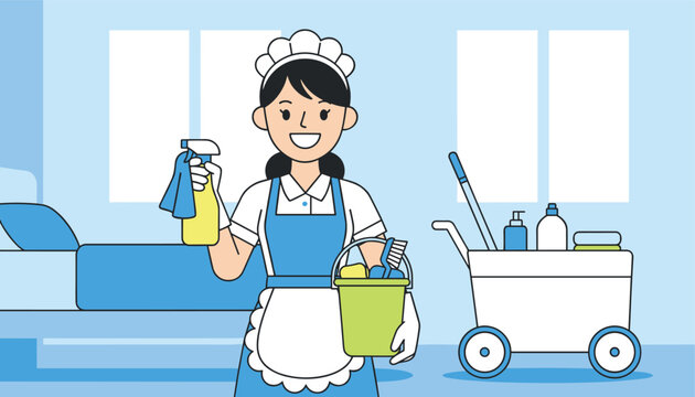 Cheerfull hotel or hospital maid holding cleaning supplies in a room next to a fully stocked janitor utility cart.