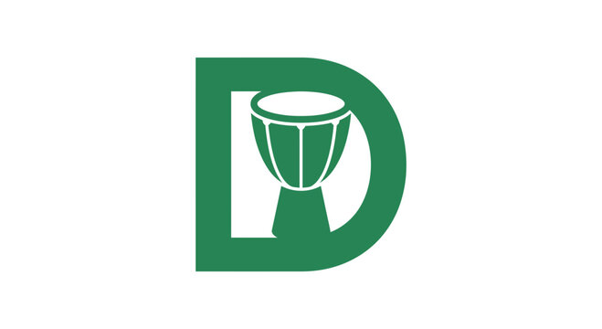 Green letter D combined with djembe drum icon, musical instrument vector logo design