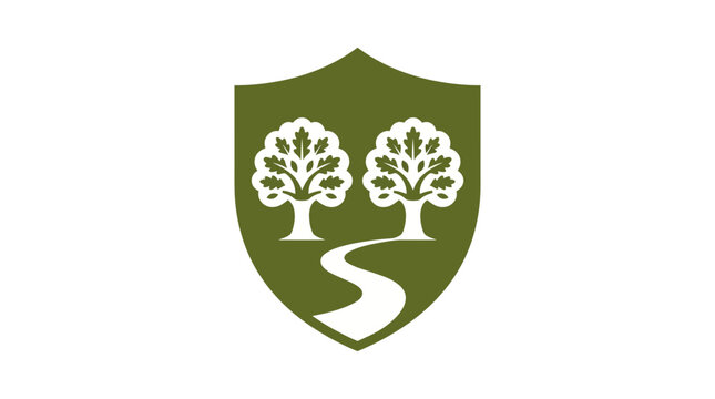 Green shield emblem with two white trees and a winding road for nature conservation logo
