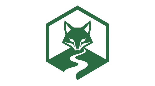 Minimalist green fox head logo icon with winding path in hexagonal frame for outdoor brands