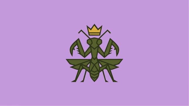 Geometric Praying Mantis King Logo with Crown Vector Illustration