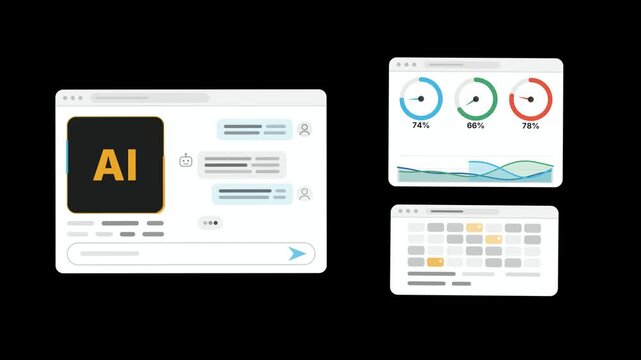 AI Executive Briefing Dashboard Interface Animation, Widescreen White App Window Mockup Dark Mode, Coral Cyan Amber Accent Palette, Business Analytics UI Kit, Software Demo Screen, Seamless Loop