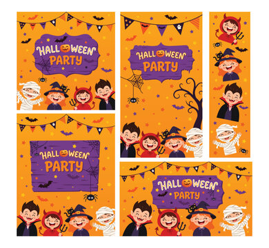 Halloween party cards flyer illustration children in monster costumes vampire, witch, mummy and devil. Holiday design for party invitation, greeting card, banner