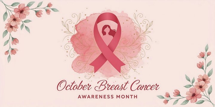 Floral breast cancer awareness banner with pink ribbon and female silhouette surrounded by watercolor flowers.