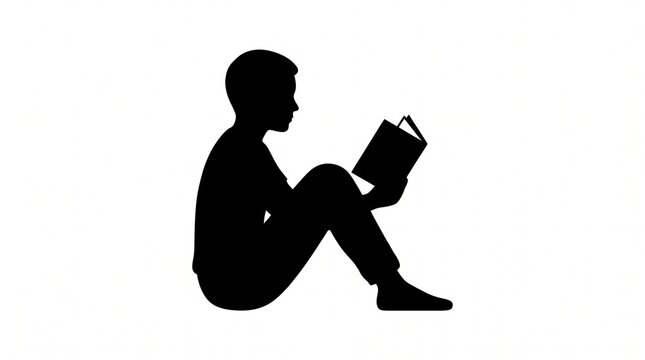 Black silhouette of a person sitting on the ground and reading a book