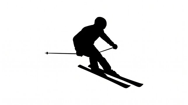 Black silhouette of a skier skiing downhill isolated on white background
