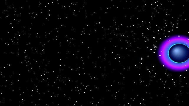 Black hole with glowing purple and blue accretion disk surrounded by stars against a dark space background motion graphic loop
