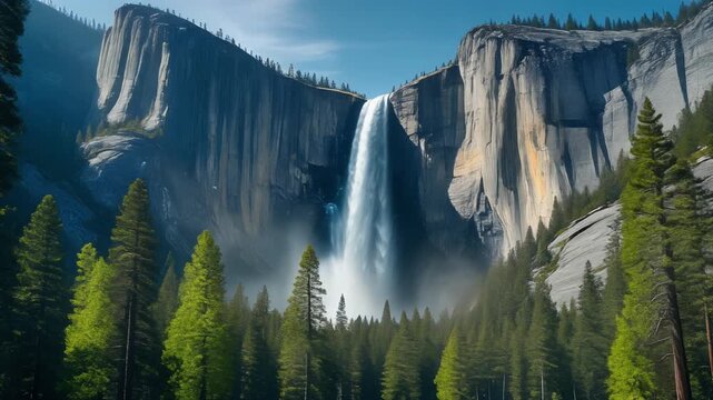 Yosemite falls flowing down massive granite mountain cliffs