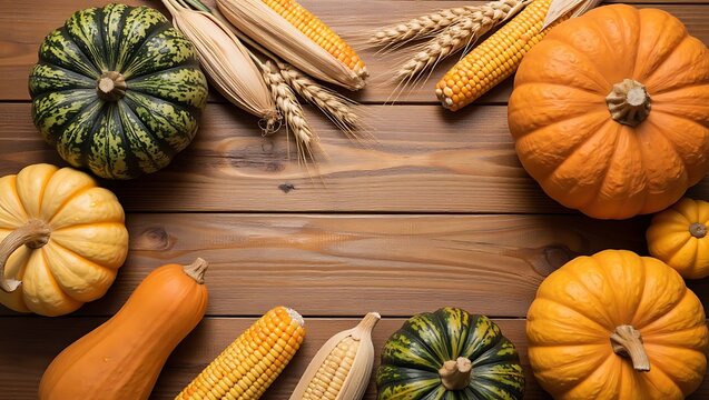An overhead view of a rustic autumn harvest display with various pumpkins, gourds, corn cobs, and wheat stalks framing a wooden background.