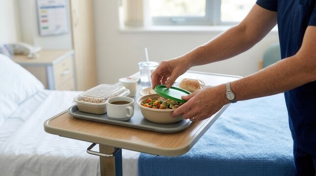 Hospital meal service: Hands opening a healthy meal tray for a patient, showcasing care and nutrition in a medical setting.