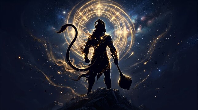 Hanuman silhouette stands against a glowing cosmic circle while holding a mace in a wide celestial scene.