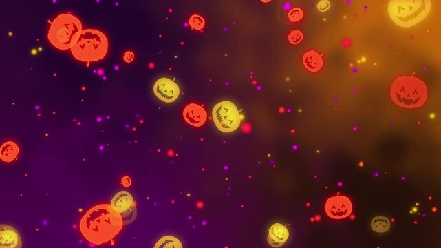 ジャックオーランタンと光粒子がゆっくり浮かび上がるハロウィンのシームレスループ動画素材/ Halloween background loop with slowly rising Jack-o'-lanterns and glowing particles