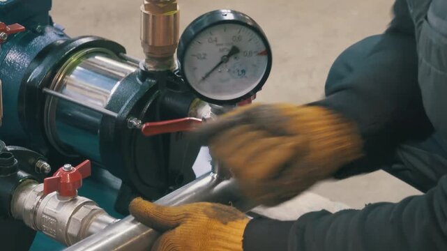 Worker Installing Pressure Gauge on Water Pump System | Technician Assembling Industrial Booster Pump Manifold | Close-Up Hands Mounting Manometer at Factory