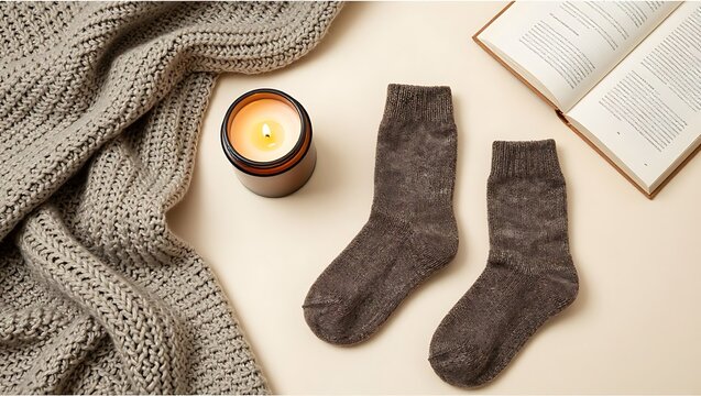 A cozy flat lay arrangement featuring a warm knitted blanket, a lit candle, comfortable wool socks, and an open book, evoking a sense of relaxation.