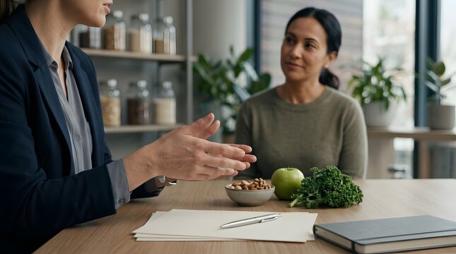 Professional Nutritionist Giving Healthy Dietary Advice and Personalized Wellness Consultation to a Client During an Office Meeting