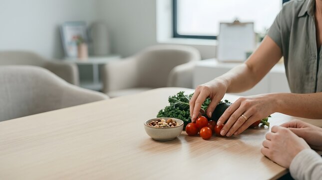 Professional nutritionist guides a client on healthy eating habits with fresh vegetables and nuts during a wellness consultation, promoting balanced diet and wellbeing