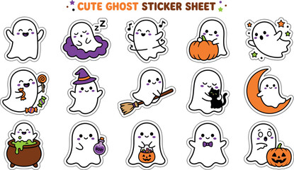 Fototapeta premium A collection of cute ghost stickers featuring various halloween themes like pumpkins witches hats and black cats for decoration