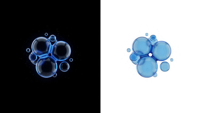 Cluster of translucent blue bubbles shown on both black and white backgrounds side by side