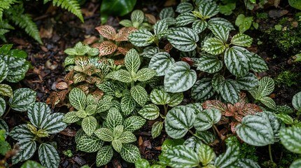 Obraz premium Lush tropical foliage and variegated plants growing on a damp forest garden floor