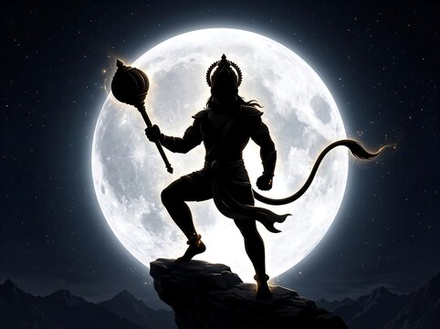 Lord Hanuman stands heroically on a mountain cliff holding a mace against the backdrop of a bright full moon.