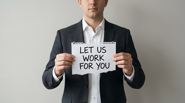 Businessman in dark suit and white shirt holding torn lined paper with handwritten message LET US WORK FOR YOU against plain light background featuring professional, formal, black suit