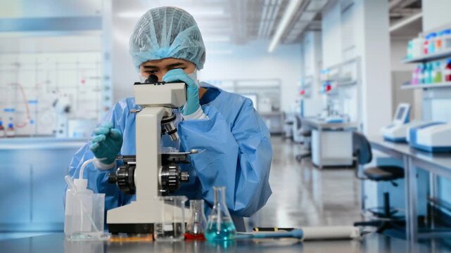 Female scientist in protective gear analyzing a petri dish and taking notes by a microscope in a modern biotechnology and medical laboratory.