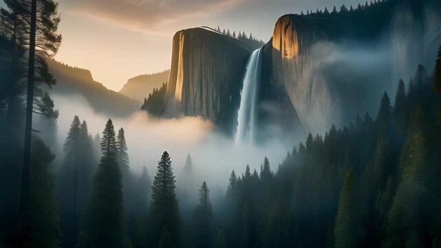 Scenic yosemite falls flowing down steep granite cliffs in mist