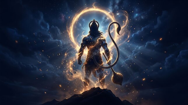 Mighty Hanuman stands on a mountain summit holding his gada against a backdrop of cosmic light.