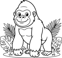 Obraz premium Cute cartoon gorilla standing in the jungle, black and white coloring page for kids
