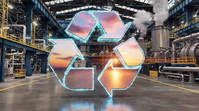 Metallic recycling symbol floating in a large industrial factory