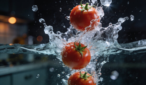 Washing the tomatoes thoroughly with water, with clean droplets splashing