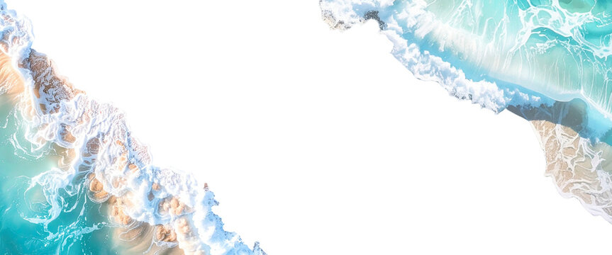 Top down view of beautiful turquoise ocean wave crashing on beach isolated on transparent background