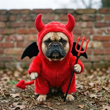 Adorable french bulldog dressed in a cute red devil costume with horns and a trident