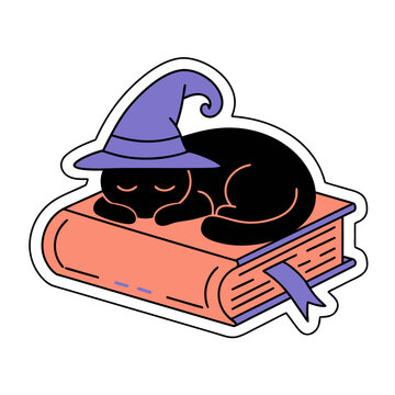 Mystical black cat sticker wearing purple witch hat. Sleeping magic kitten on old spell book. Halloween feline vector illustration.